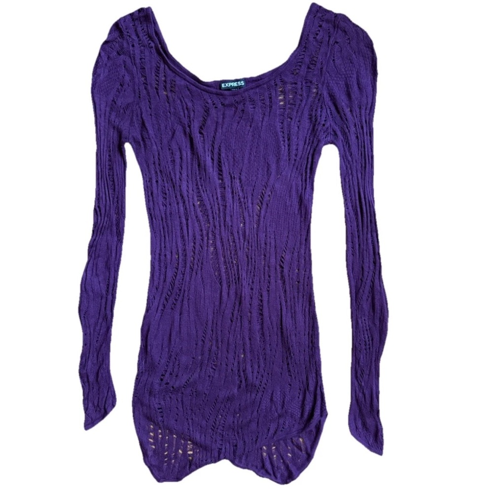 Y2K Express Open Knit Asymmetrical Long Sleeve Sweater Small Purple Long